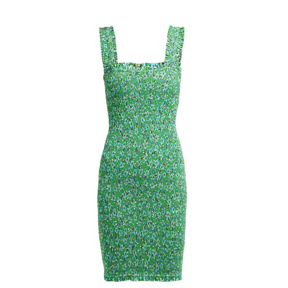 RHODE Jasmine Dress Green Floral Smocked Mini Dress Size Large Bodycon Sexy Cute - Picture 2 of 16